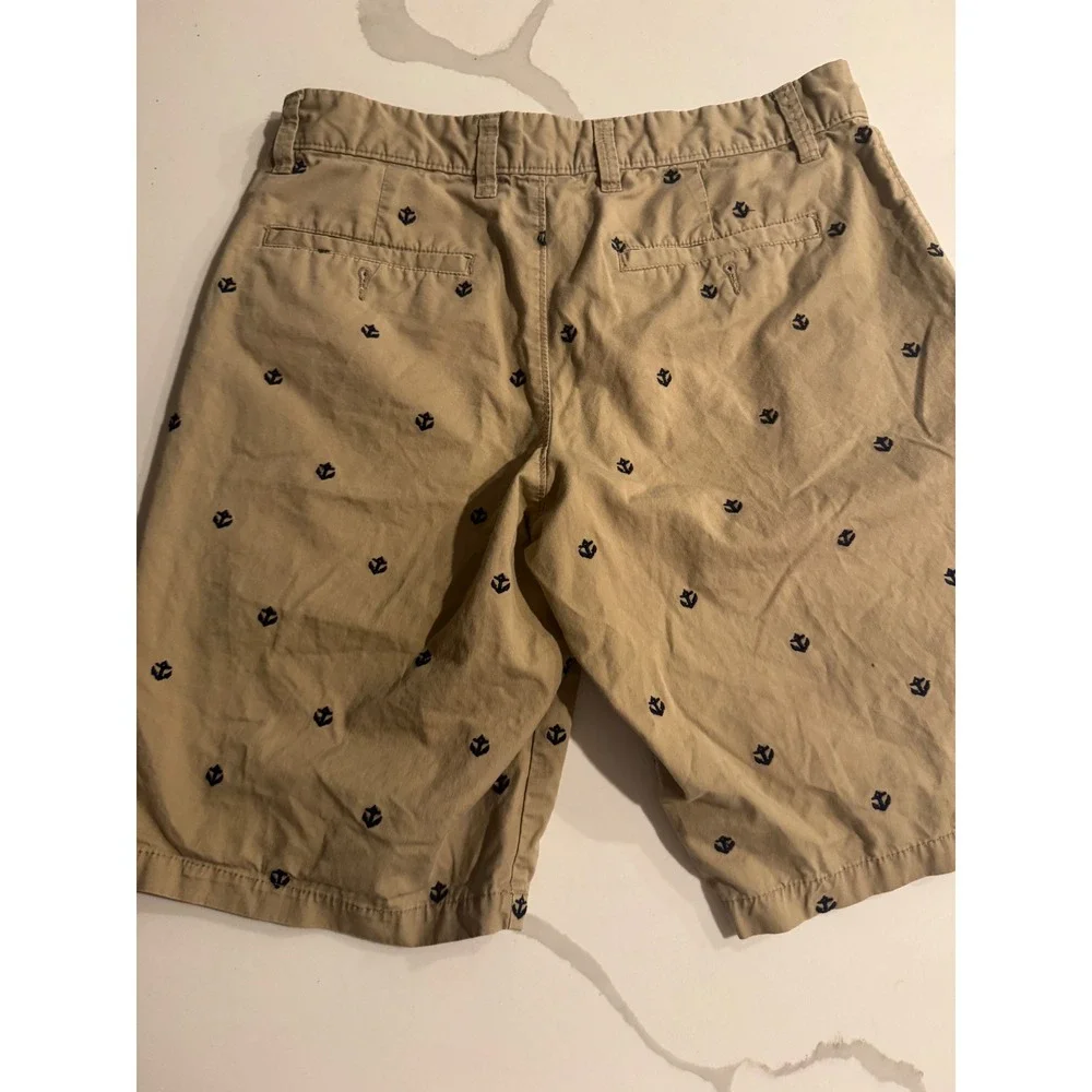 Gap Khakis Mens 31 Tan‎ Chino Shorts Navy Embroidered Anchor Nautical Classic